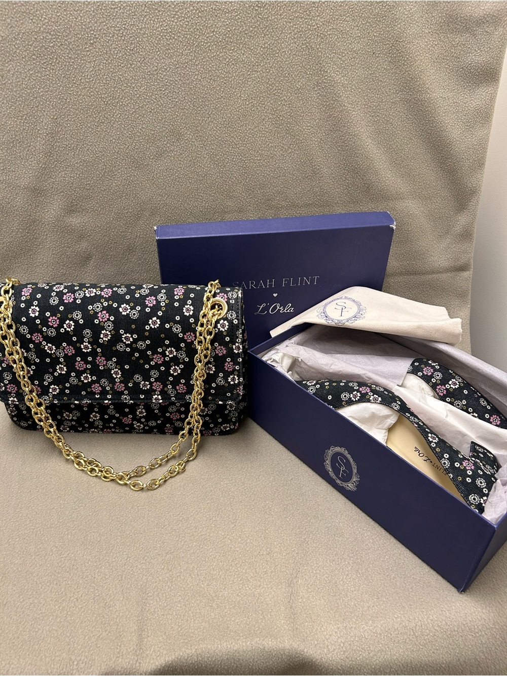 L’Orla, Sarah Flint for Orla Kiely Dark Green Floral Shoulder Bag and Pumps